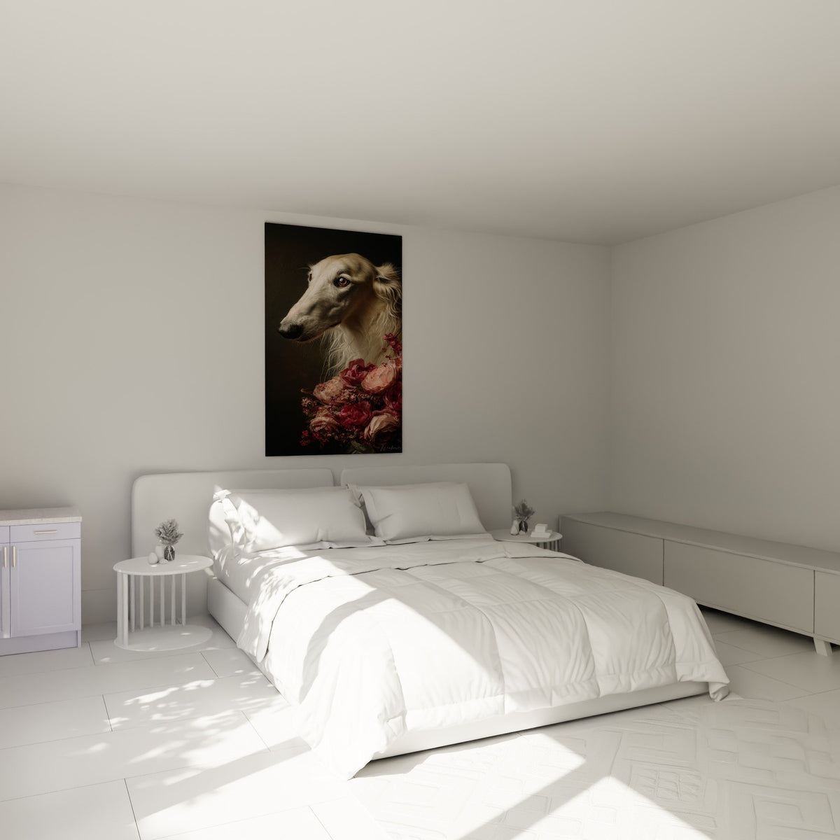 Tableau Barzoi aux pivoines accroche dans chambre moderne avec decoration tons roses et gris