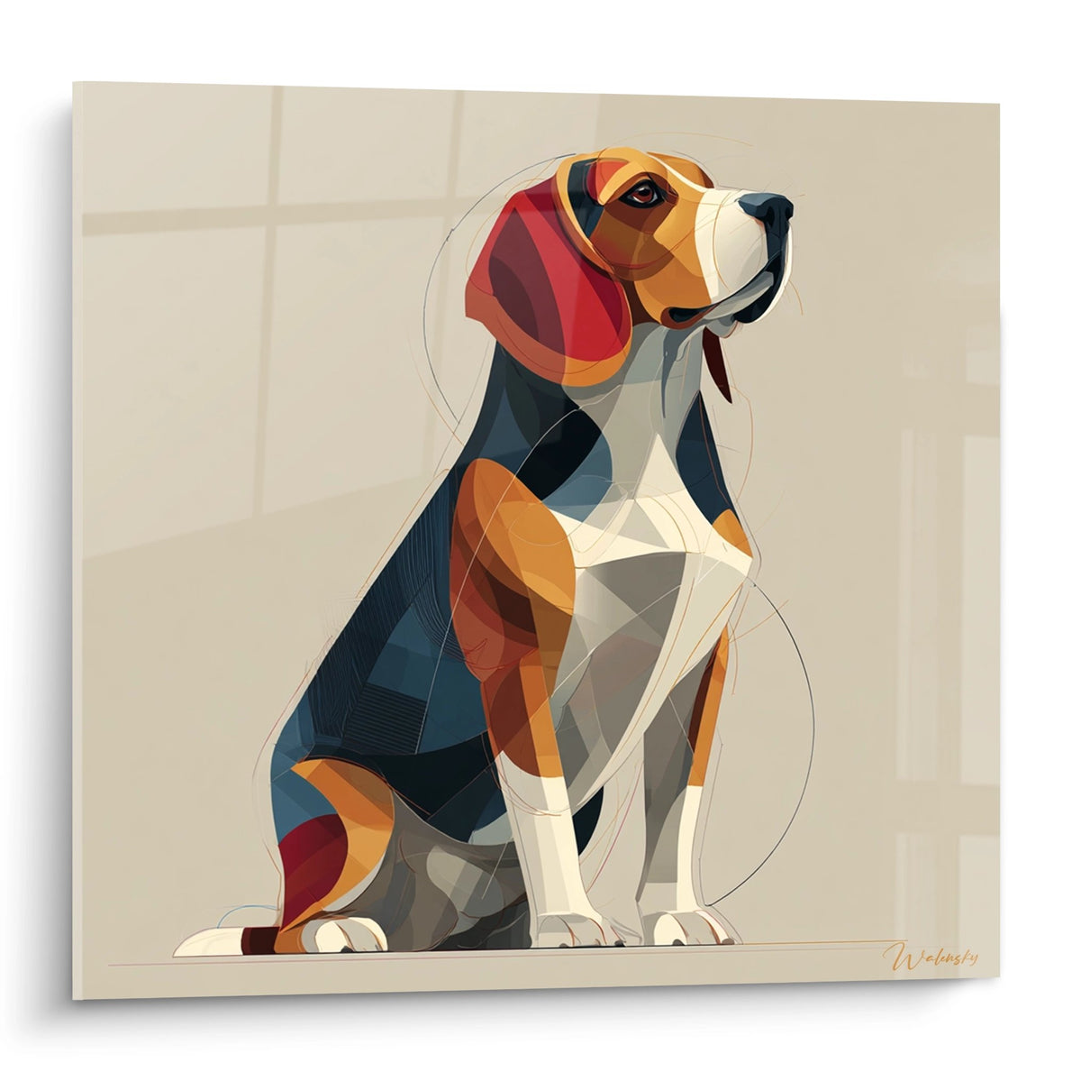 tableau beagle geometrique multicolore art moderne chien facettes oranges bleues