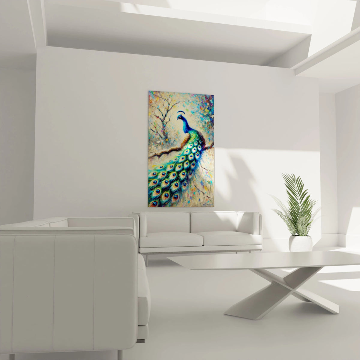 Apportez du caractère à votre salon avec ce tableau paon au-dessus du canapé. Son plumage détaillé et ses couleurs dynamiques s’intègrent parfaitement dans un intérieur contemporain ou éclectique.