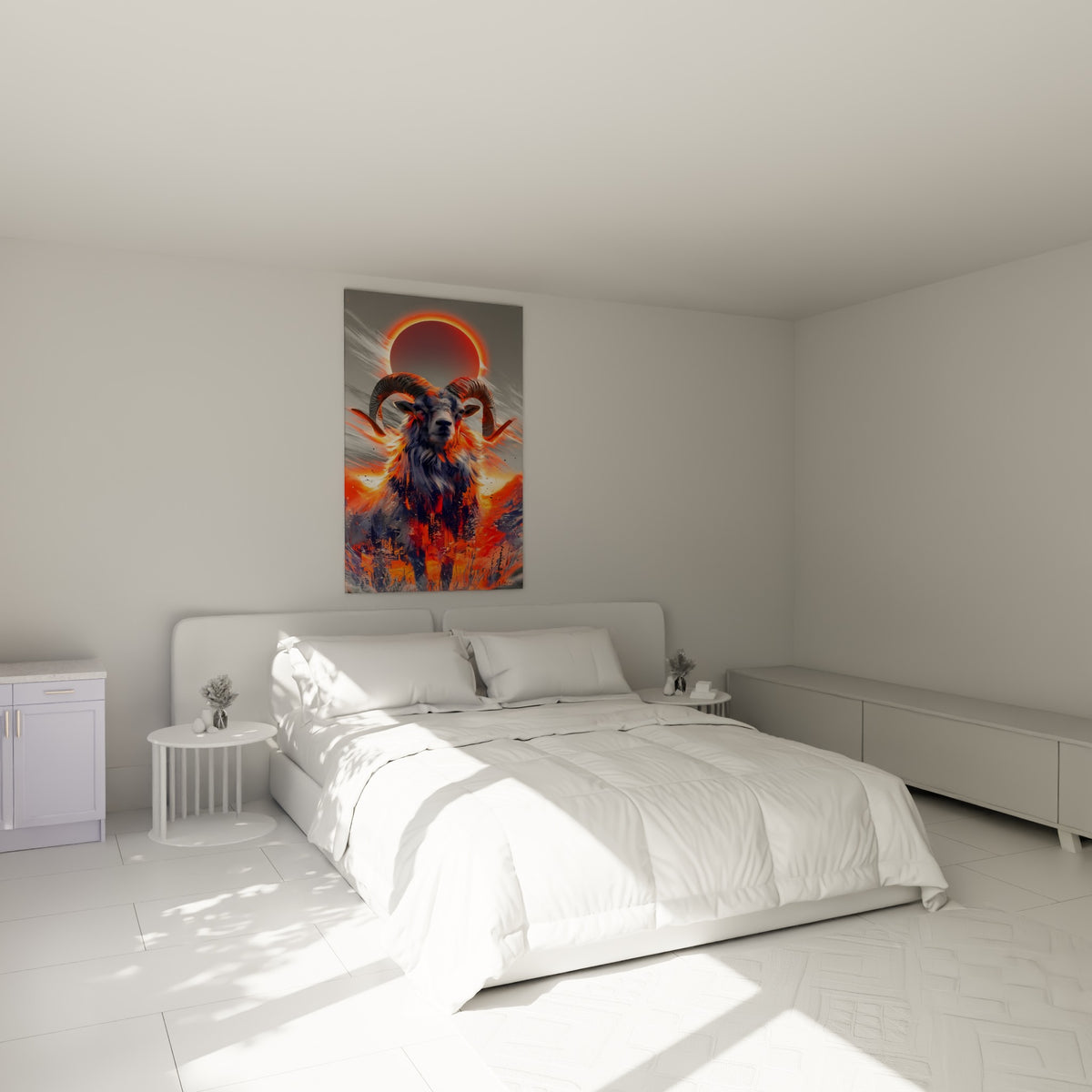 Cornes recourbées et pelage orange embrasé du Bélier, au-dessus d'un lit dans une chambre claire