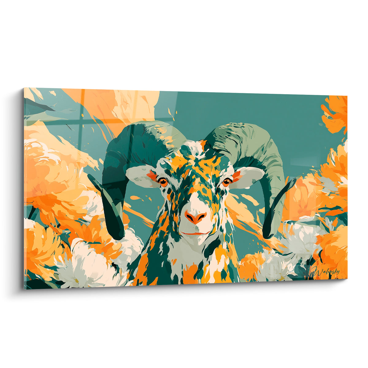 Bélier au regard ambré, cornes vert sarcelle et pelage ocre parmi des fleurs peintes