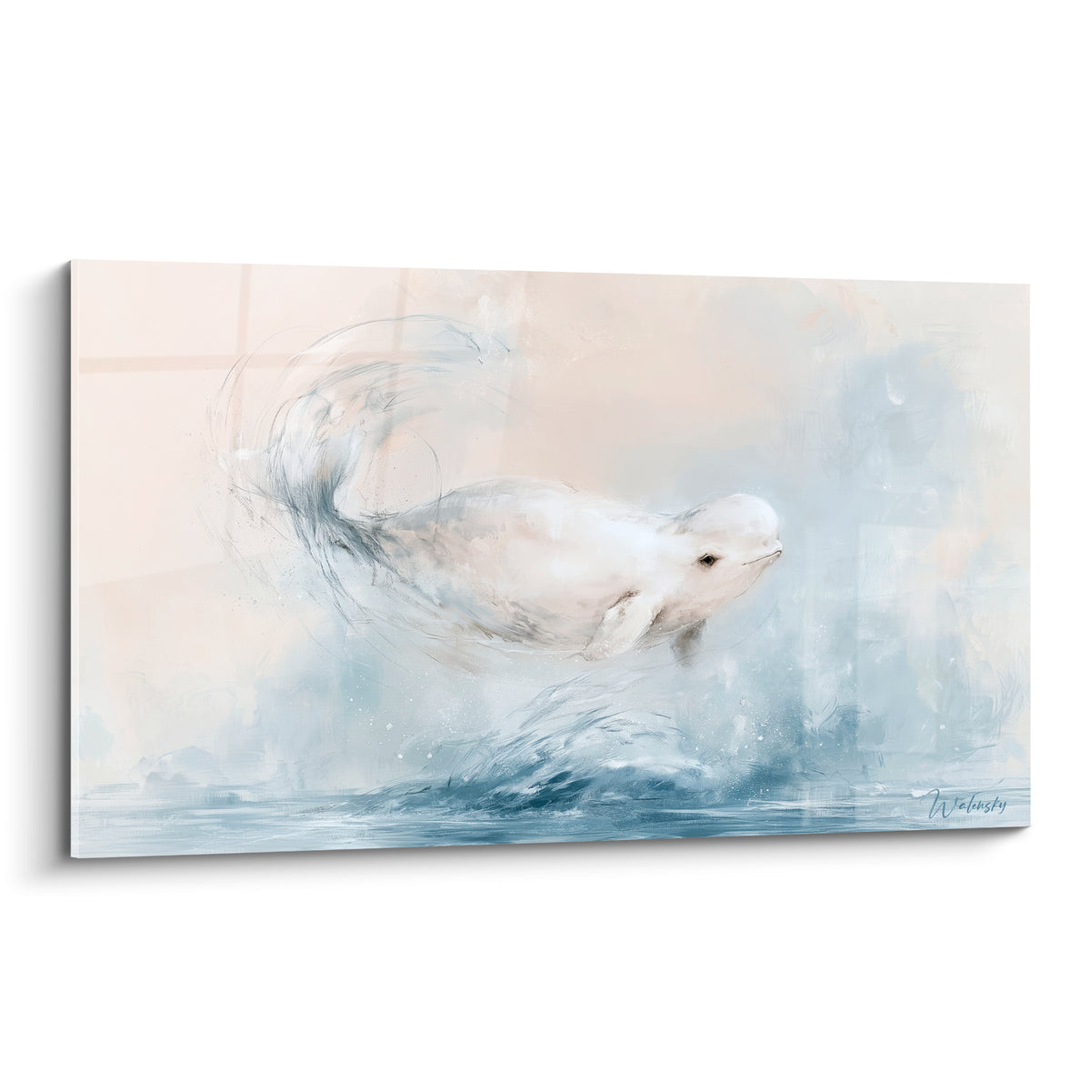 Béluga blanc et bleu poudré jaillissant de l'eau, style aquarelle délicat sur fond beige sable