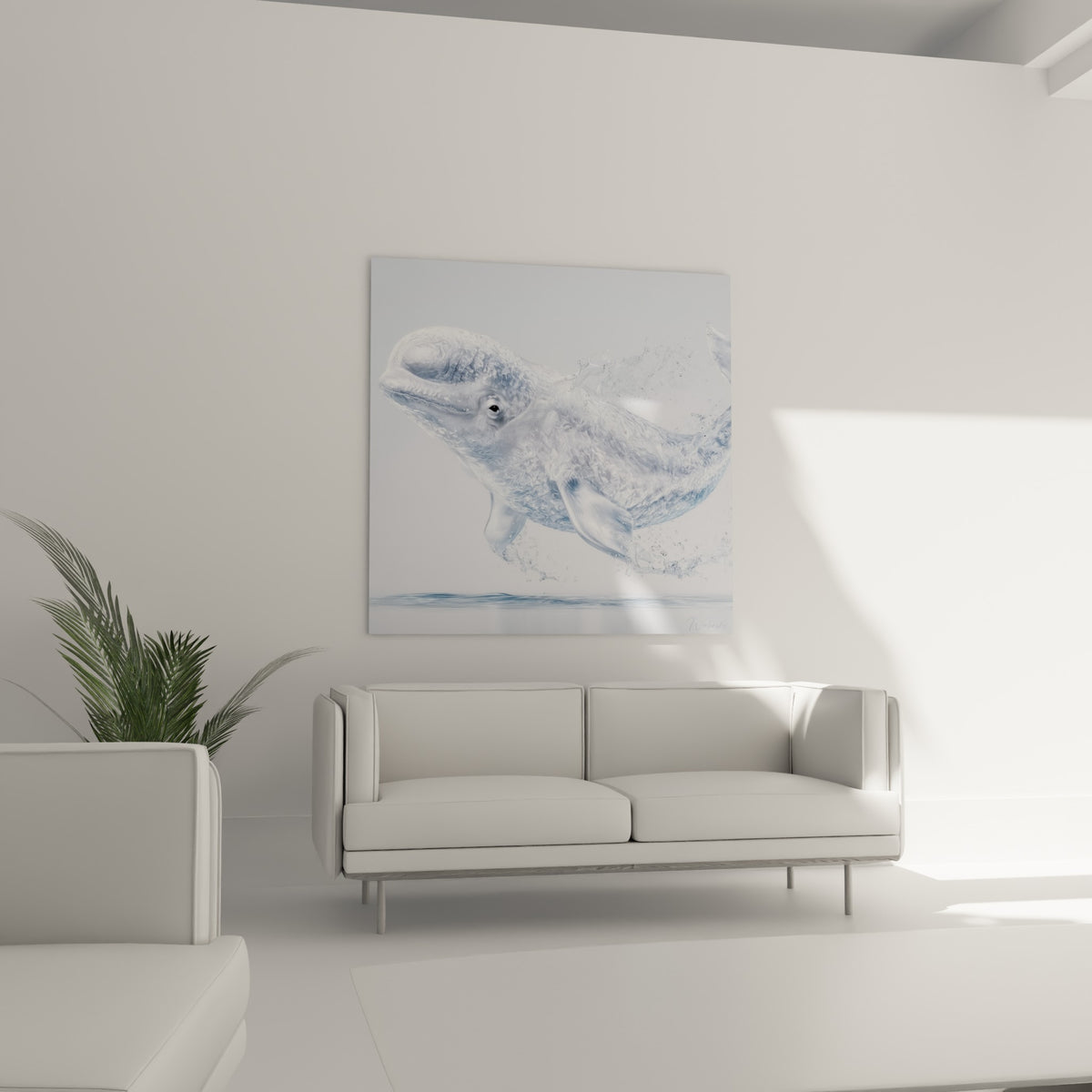 Mammifère aquatique translucide bleu pastel et blanc au-dessus d'un canapé dans un salon lumineux