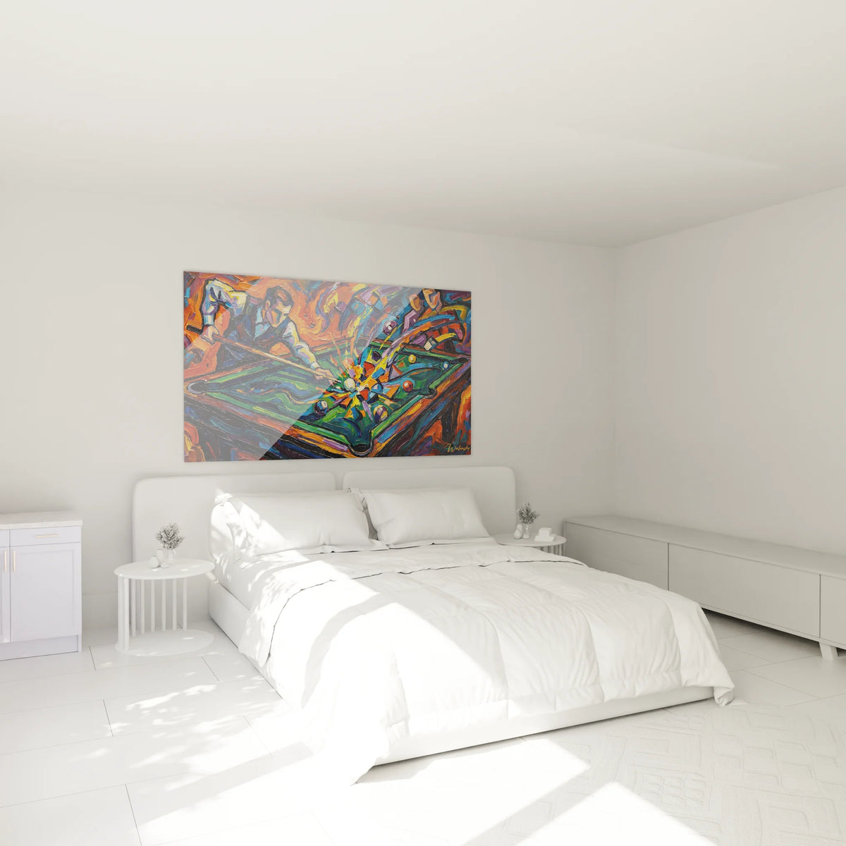Tableau billard moderne dans décoration chambre contemporaine aux couleurs vives