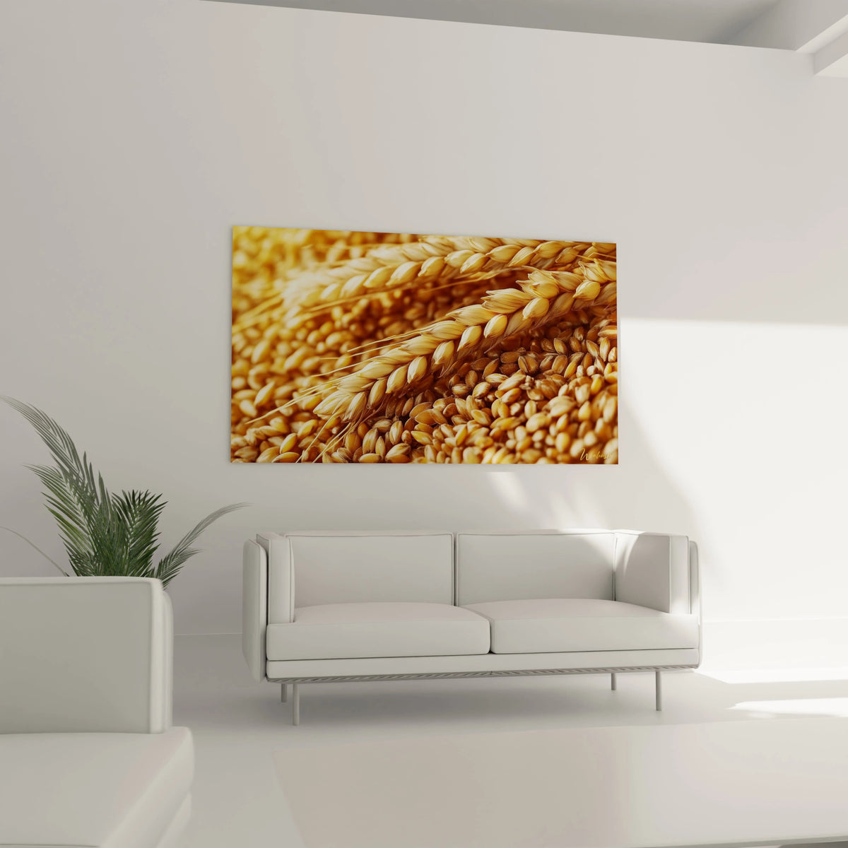 Un tableau blé capturant des épis serrés aux nuances jaunes et brunes, soulignant une surface texturée et des détails fins sur fond lumineux.
