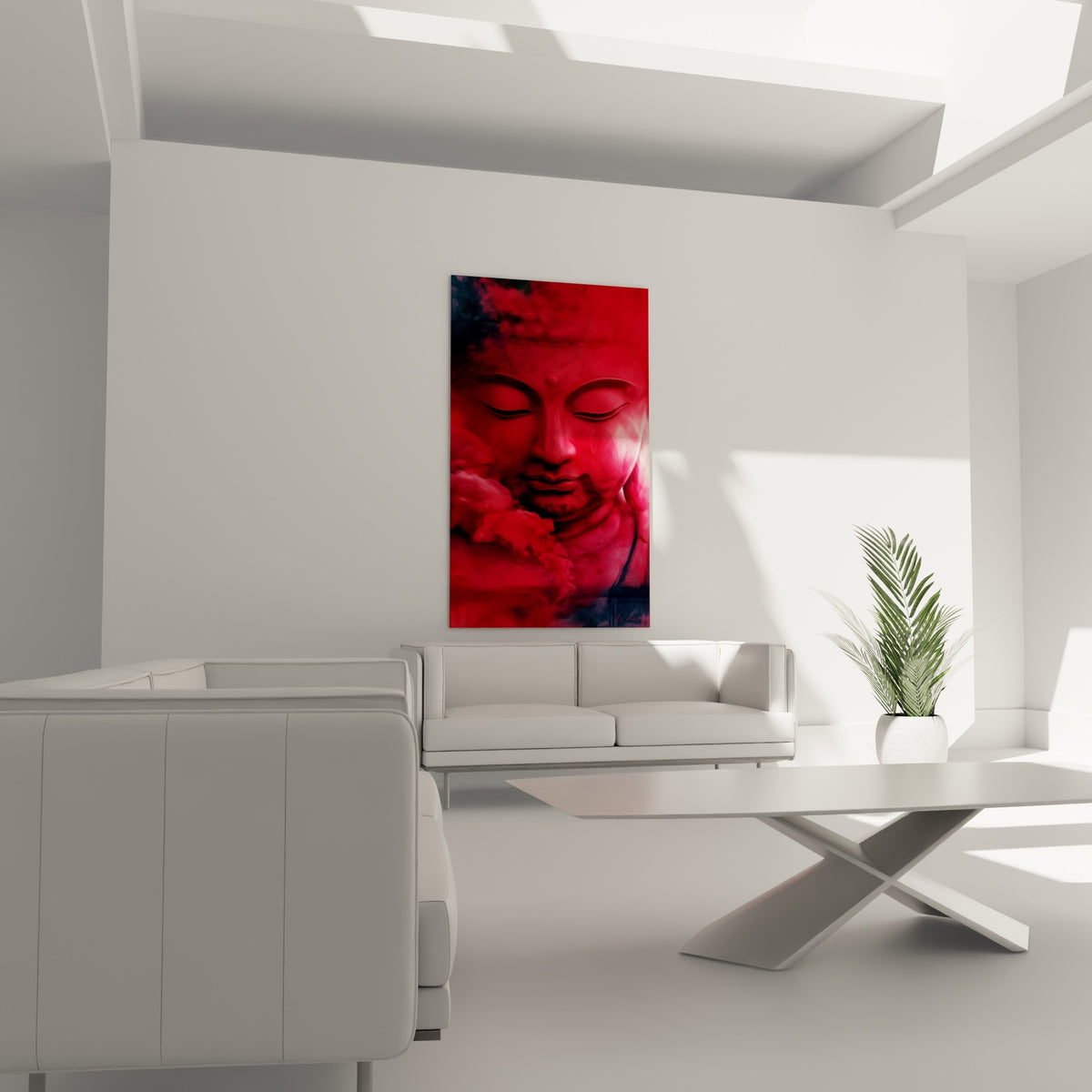 Bouddha méditatif aux teintes rouge écarlate et anthracite, suspendu au-dessus d'un canapé dans un salon lumineux