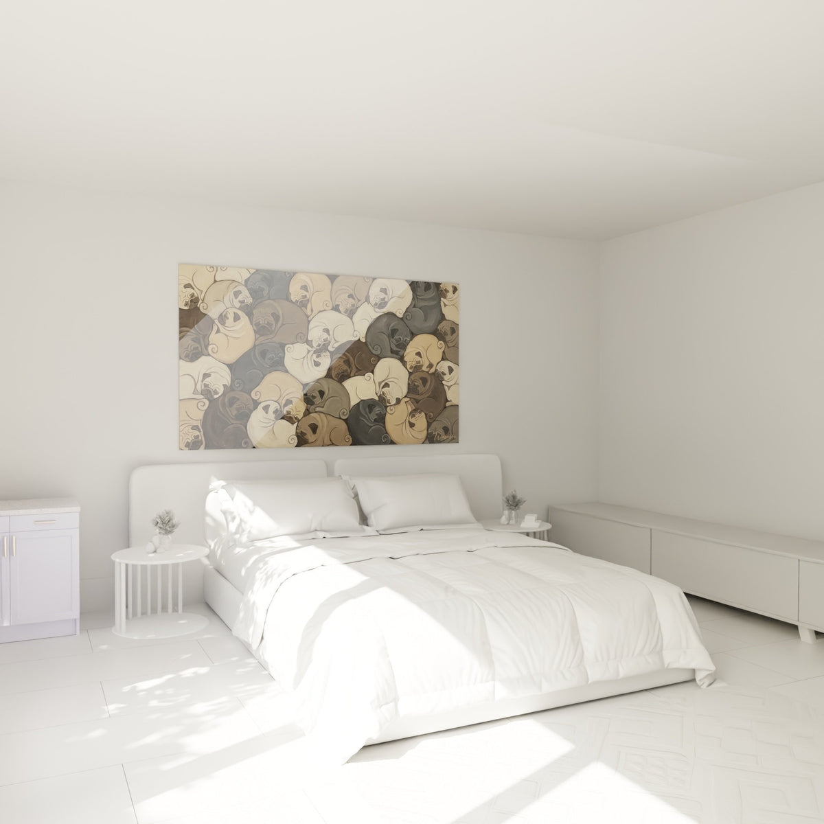tableau mosaique carlins tons neutres integre dans chambre ambiance douce et apaisante decoration murale