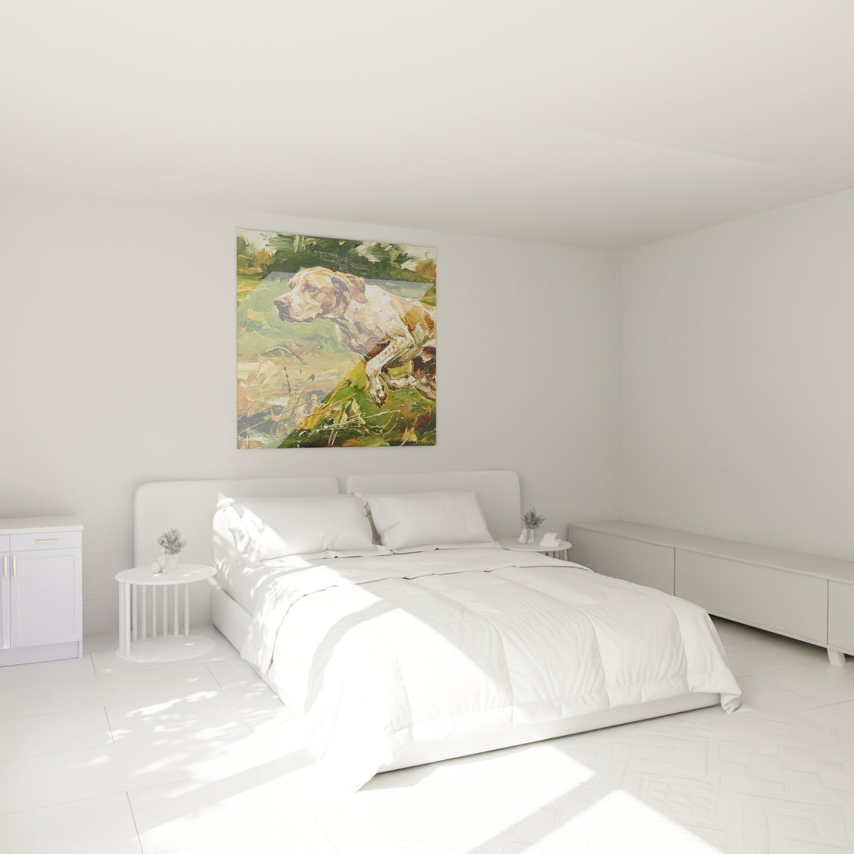 Tableau Pointer Anglais repos champêtre dans chambre contemporaine, décoration murale nature
