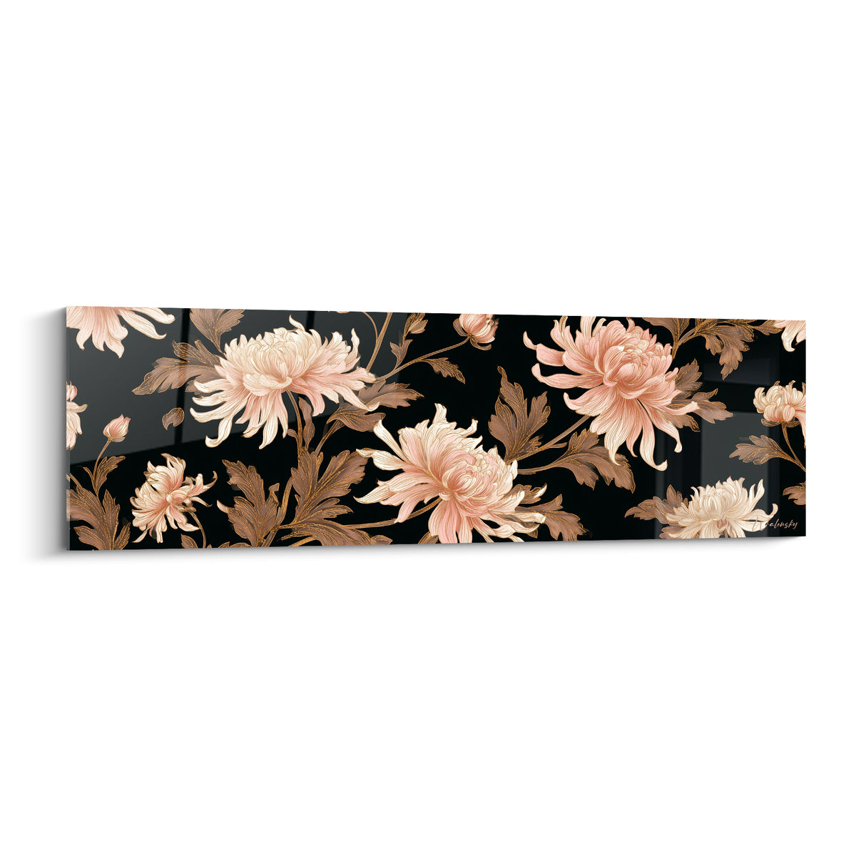 Chrysanthèmes roses et crème sur fond noir, feuillages cuivrés en pleine floraison graphique