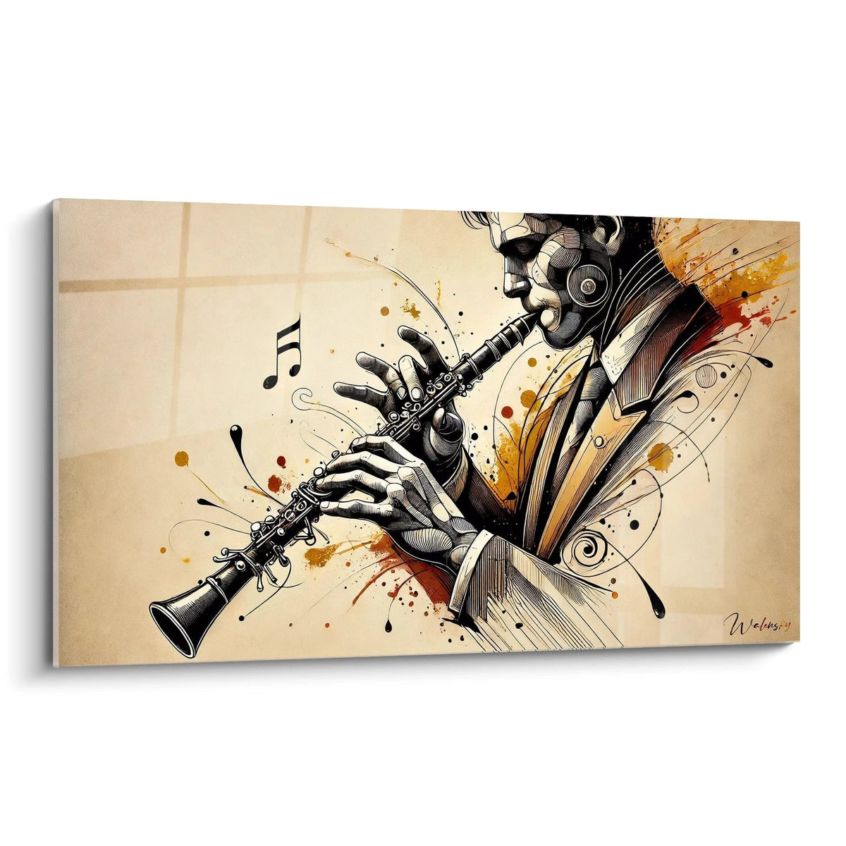 Un musicien jouant de la clarinette dans un tableau musique abstrait, entouré de textures vibrantes et d’éclats orange.