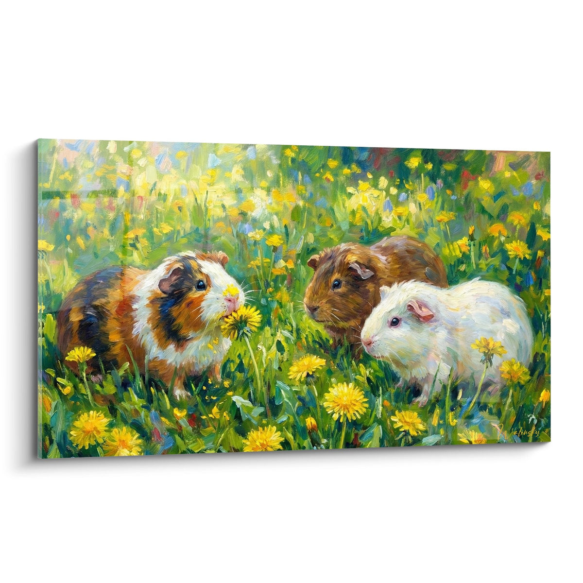 Tableau mural trois cochons d'inde pelage brun blanc prairie pissenlits jaunes style impressionniste decoration