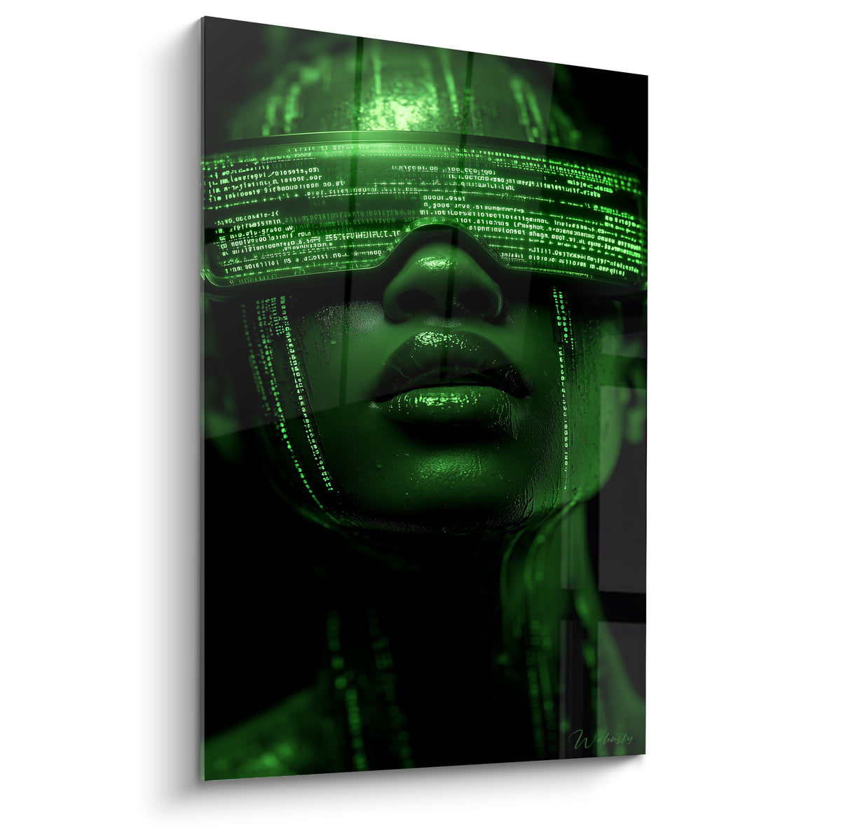 Visage vert Cyberpunk aux lunettes codées, lignes binaires lumineuses sur fond noir anthracite