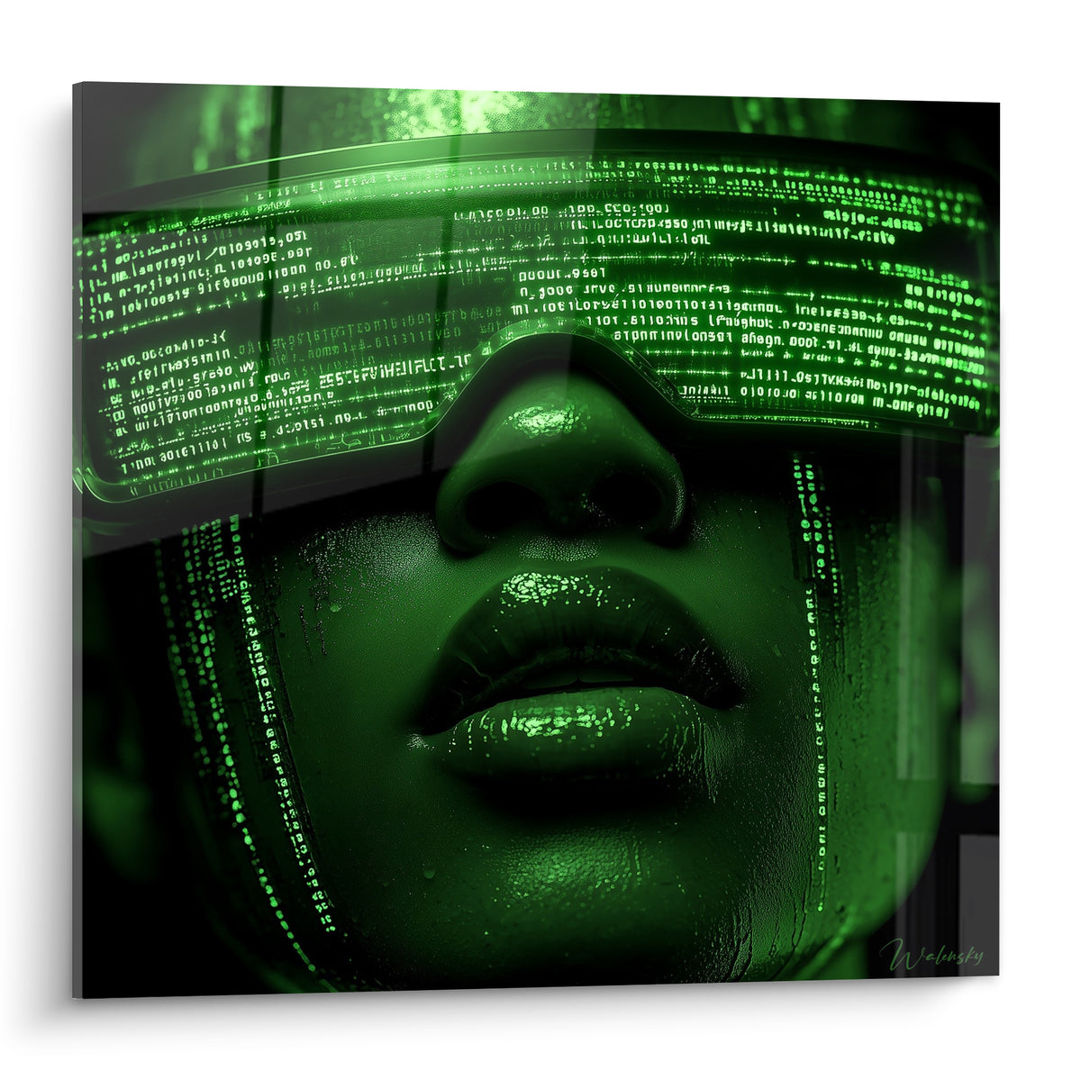 Visage recouvert de lignes de code vert émeraude et noir sur lunettes futuristes, tableau Cyberpunk