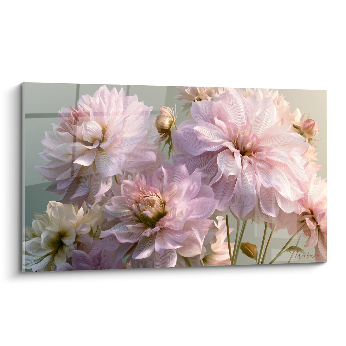 Bouquet de dahlias roses et blancs aux pétales striés, rendu hyperréaliste sur fond vert olive doux