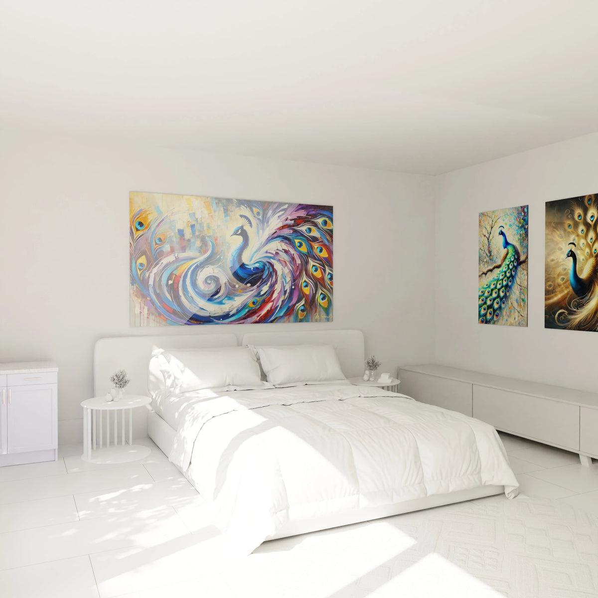 Accroché au-dessus du lit, ce tableau paon ajoute une touche majestueuse à votre chambre. Ses tons de bleu et violet créent une ambiance apaisante, idéale pour un espace de détente raffiné.
