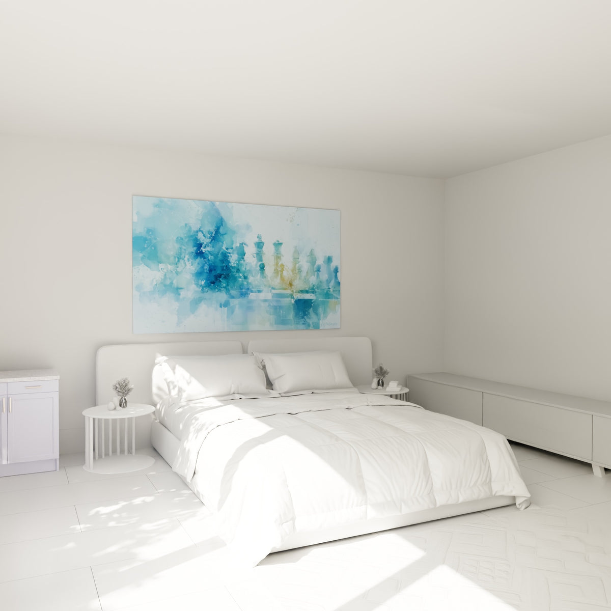Pièces d'échecs bleu pastel et doré émergeant d'une brume au-dessus d'un lit dans une chambre claire