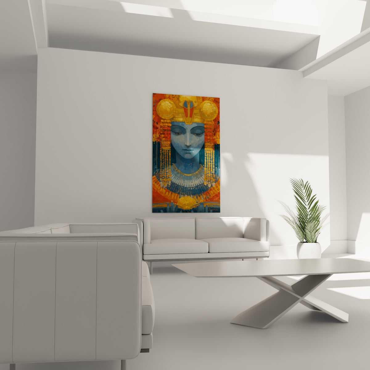 Figure royale antique aux tons bleu marine et fauve doré, disposée au-dessus d'un canapé dans un salon lumineux