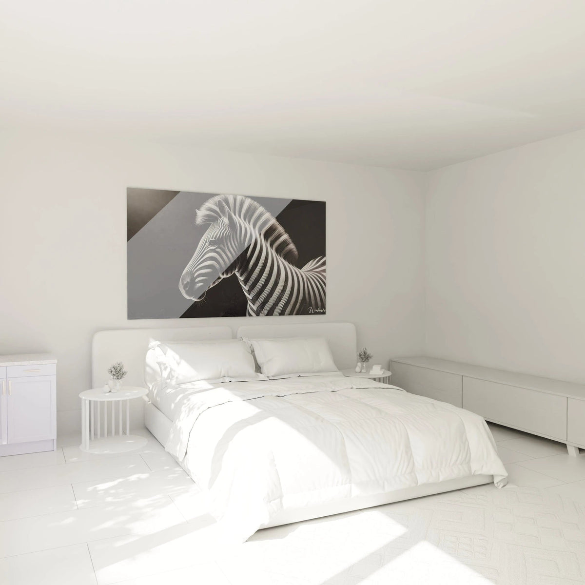 tableau zebre accroche au mur dans une chambre au-dessus du lit ambiance sereine rayures equilibrees contraste noir blanc ideal pour un decor raffine et une touche d'elegance intemporelle