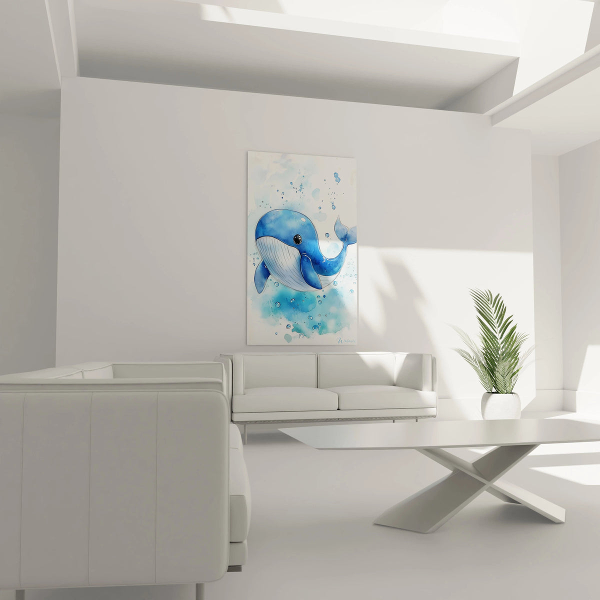 Un tableau pour enfant mettant en scène une baleine aux tons bleus et blancs, avec un contour délicatement esquissé, sur un fond aquarellé texturé, mêlant éclats de couleur et formes arrondies.