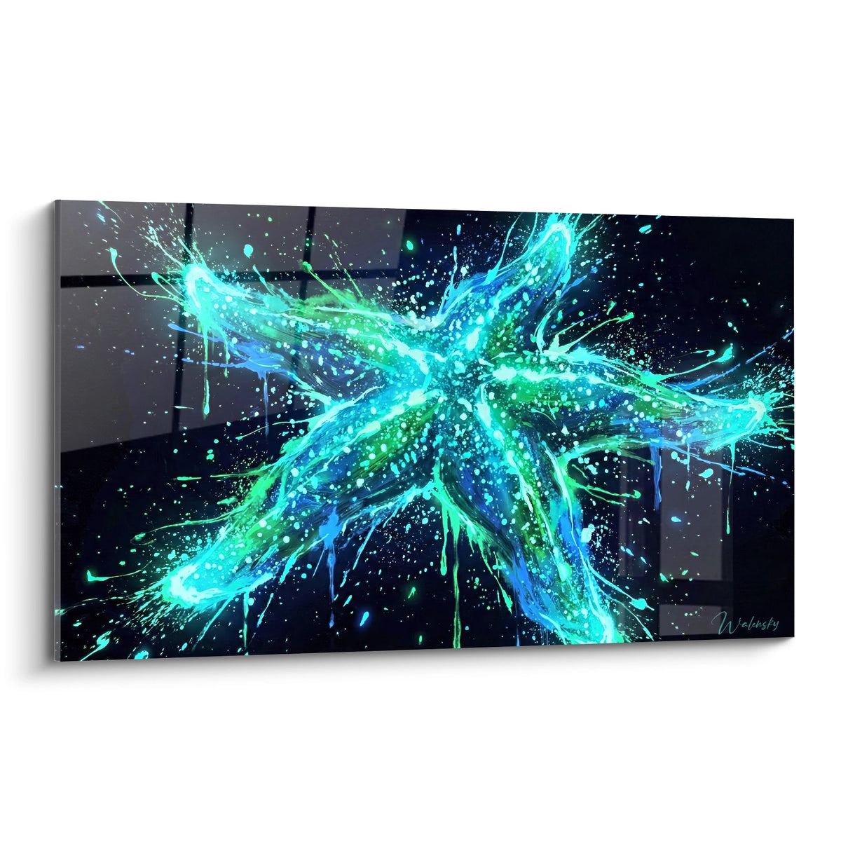 tableau etoile de mer explosive turquoise verte sur fond noir eclaboussures lumineuses art marin contemporain