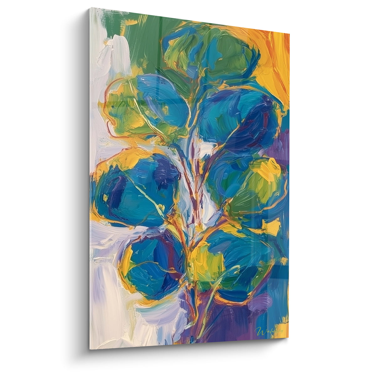 Feuillage Eucalyptus bleu marine et jaune moutarde peint au couteau, empâtements épais et contours orangés