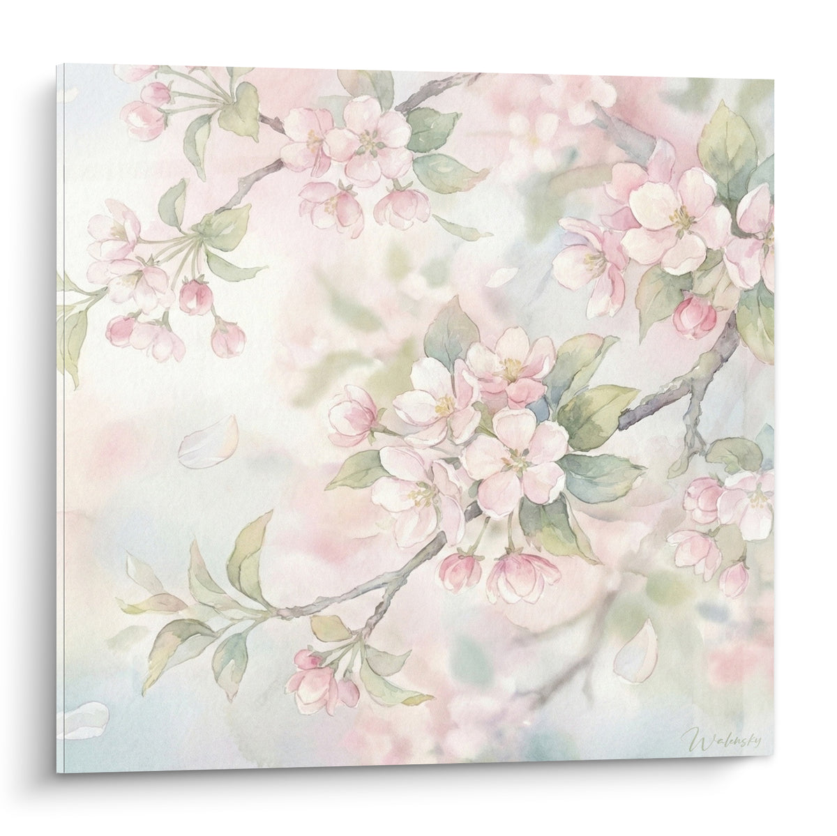 Fleurs de cerisier rose pastel et vert tendre en aquarelle sur fond brumeux clair
