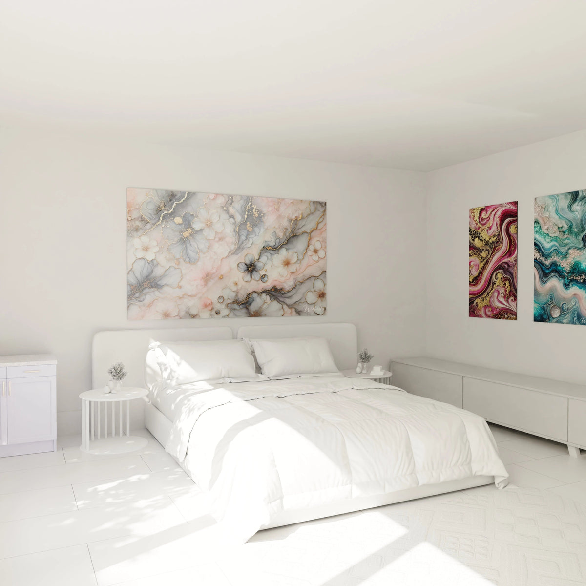 Tableau style epoxy suspendu au-dessus du lit dans une chambre, créant une ambiance douce avec ses teintes pastel et ses lignes dorées, ajoutant une touche de sérénité à la pièce.