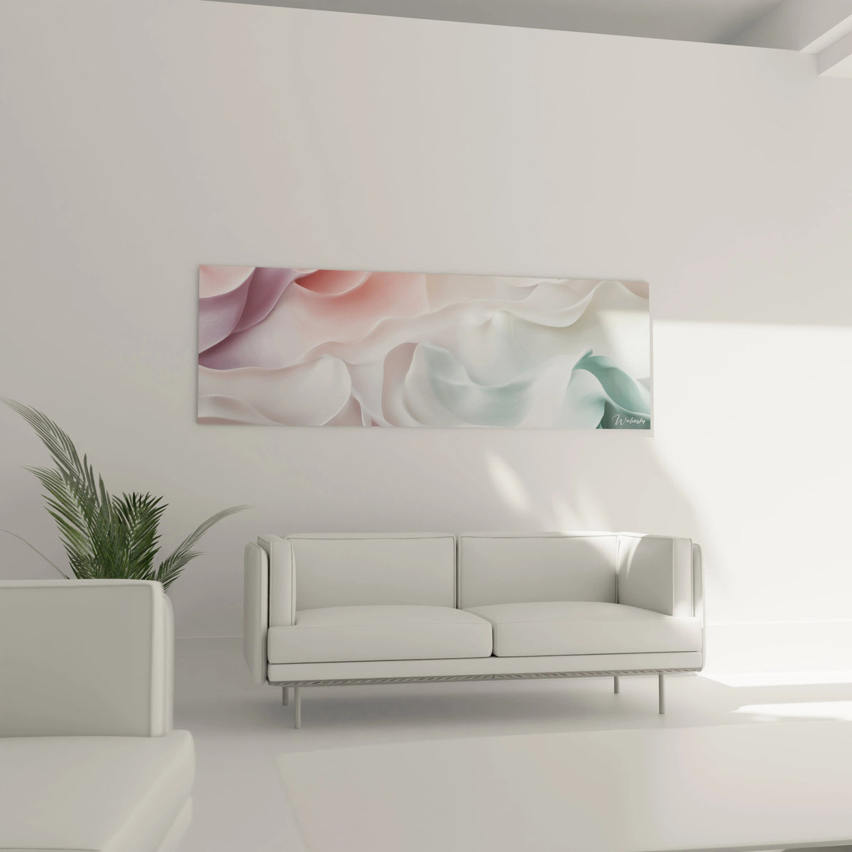 Tableau moderne abstrait Walensky avec des formes fluides et des couleurs douces decorant un salon minimaliste