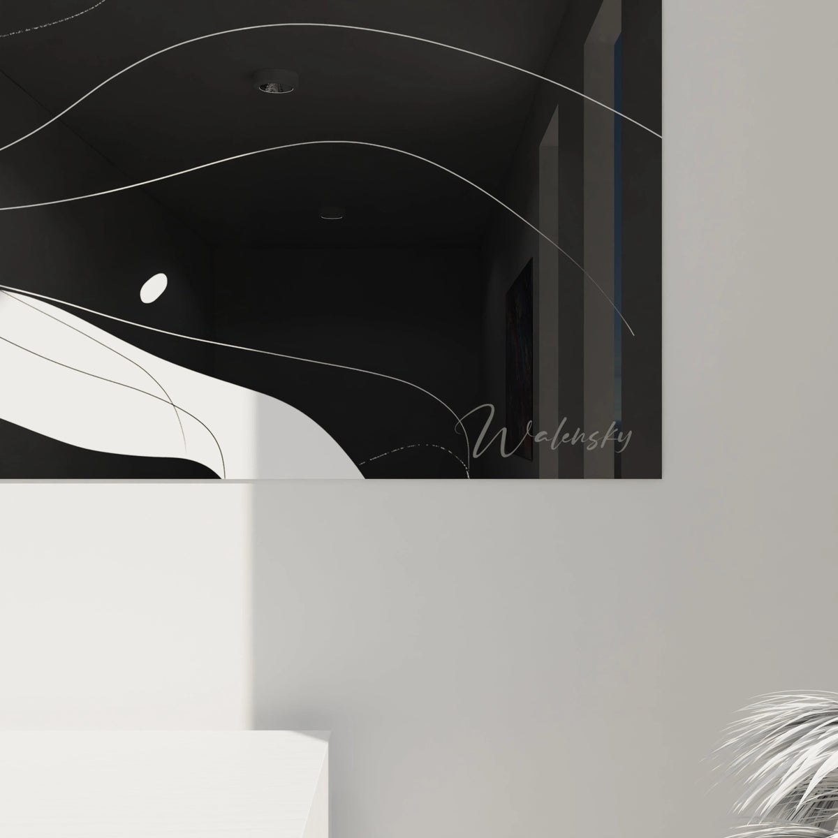 Un tableau rayures noir et blanc contemporain avec des formes abstraites qui s'écoulent comme des vagues. Les espaces négatifs et positifs s'entremêlent harmonieusement, tandis que des détails subtils apparaissent à l'observation rapprochée. La composition monochrome offre un contraste saisissant et une élégance intemporelle.