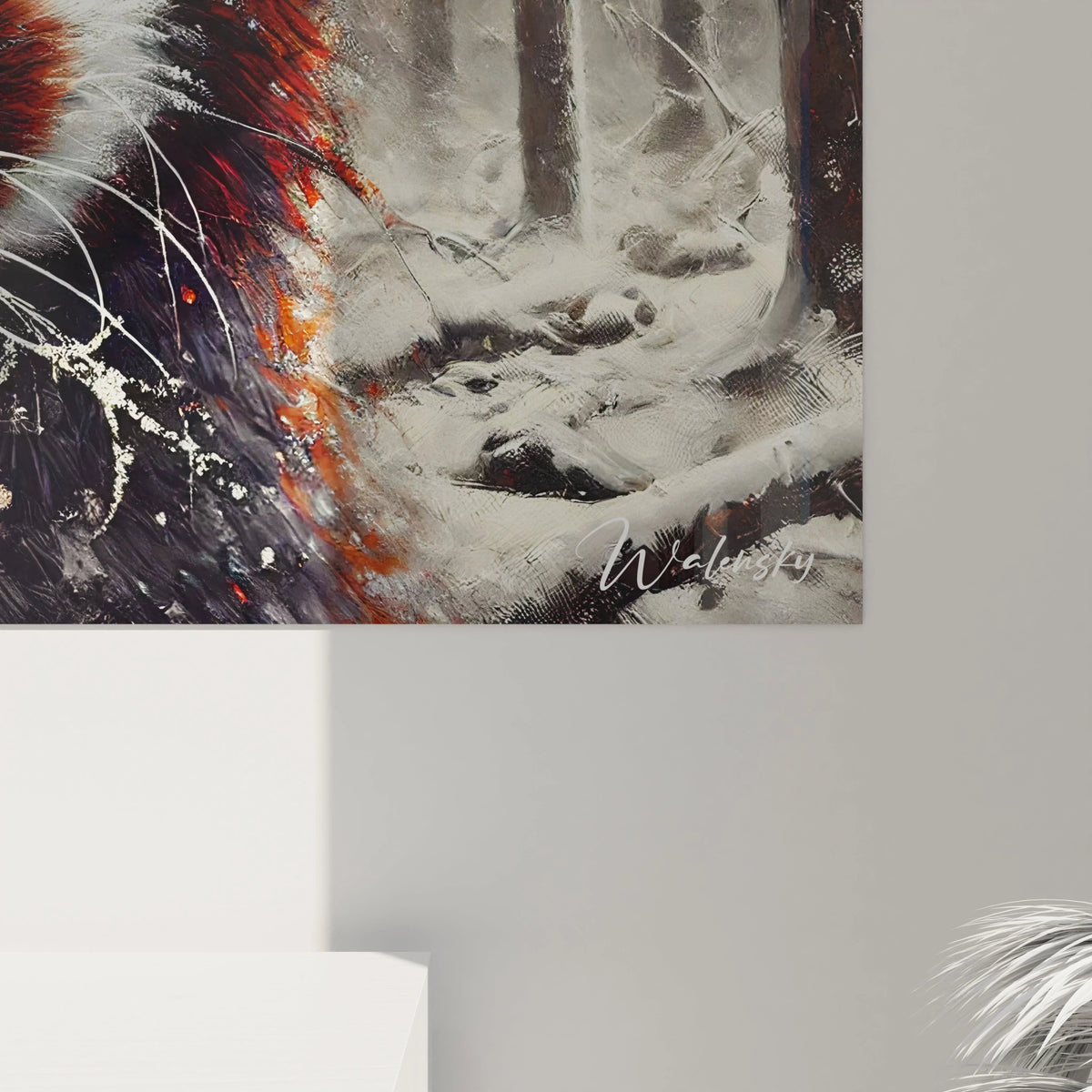 Gros plan du tableau panda roux, mettant en avant les détails réalistes du pelage et la neige texturée. Le regard perçant de l'animal apporte une connexion émotionnelle forte et une touche artistique unique.