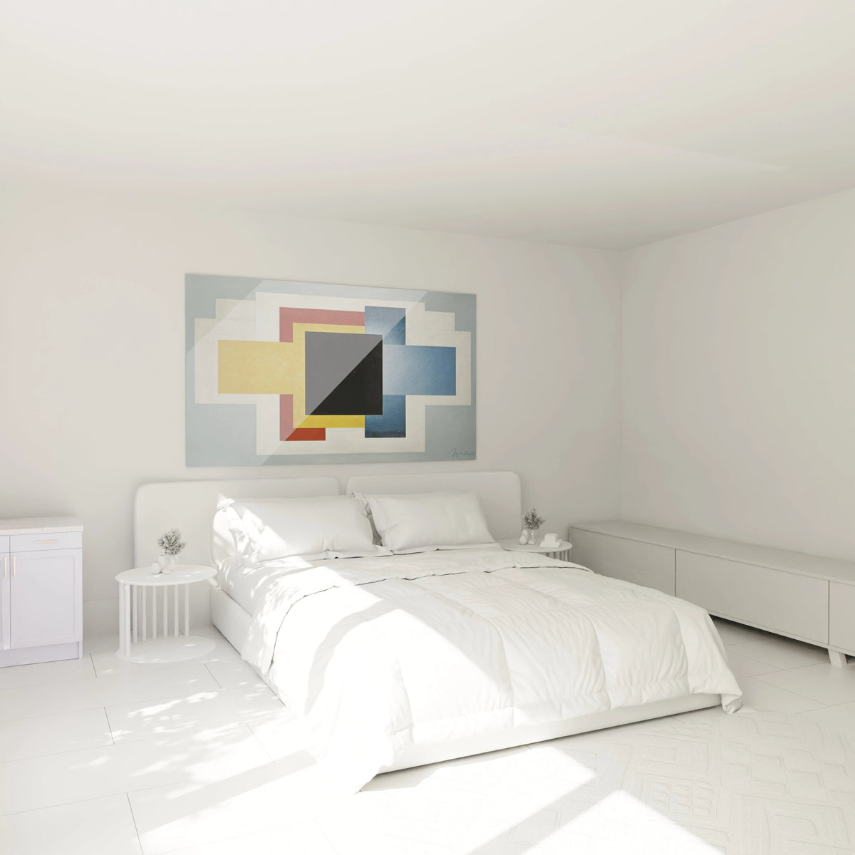 Walensky tableau géométrique constructivisme accroché au dessus d un lit blanc minimaliste avec linge de lit lumineux