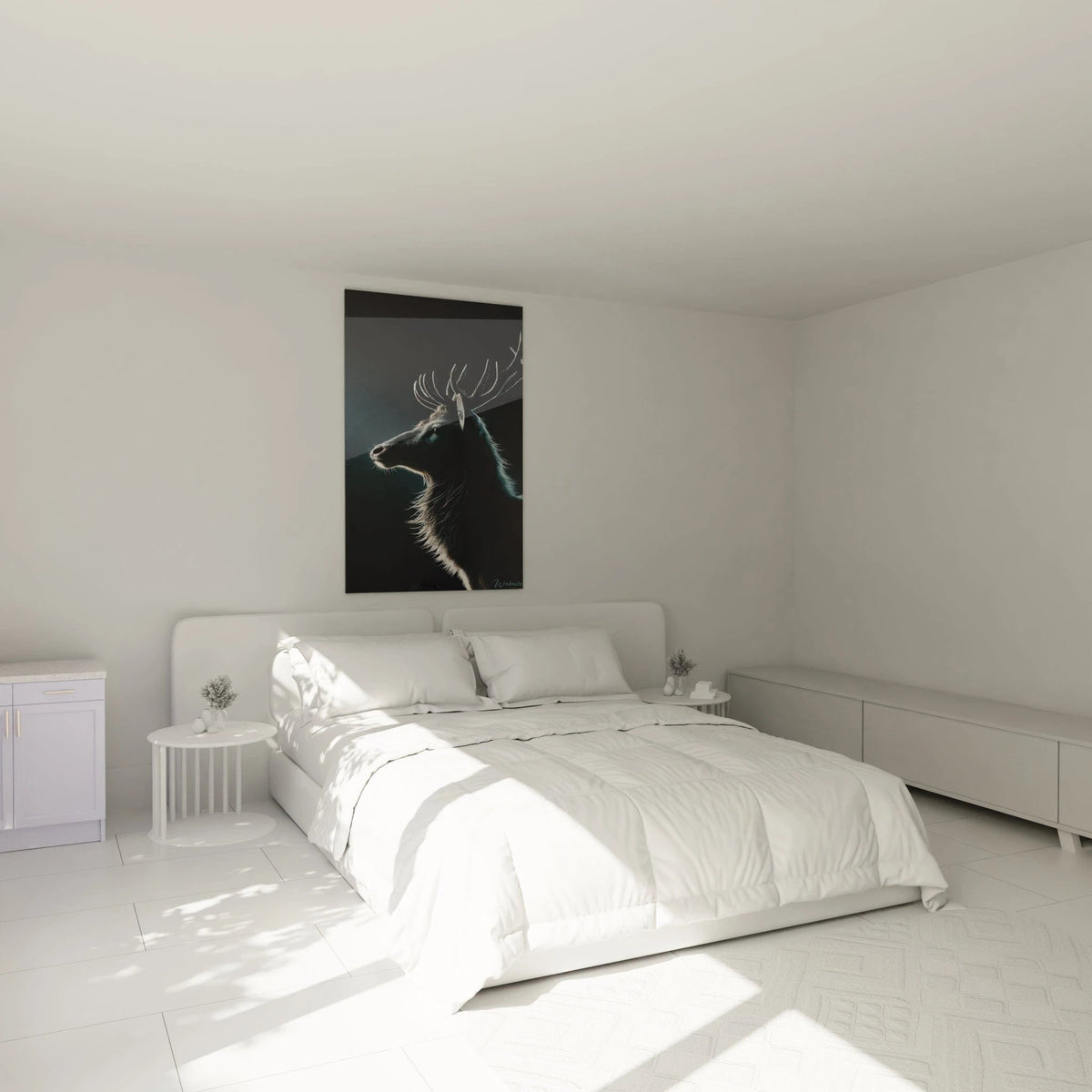 tableau cerf accroche au-dessus d’un lit dans une chambre apaisante le cerf illumine l’espace avec sa posture fiere et ses bois elegantement mis en valeur