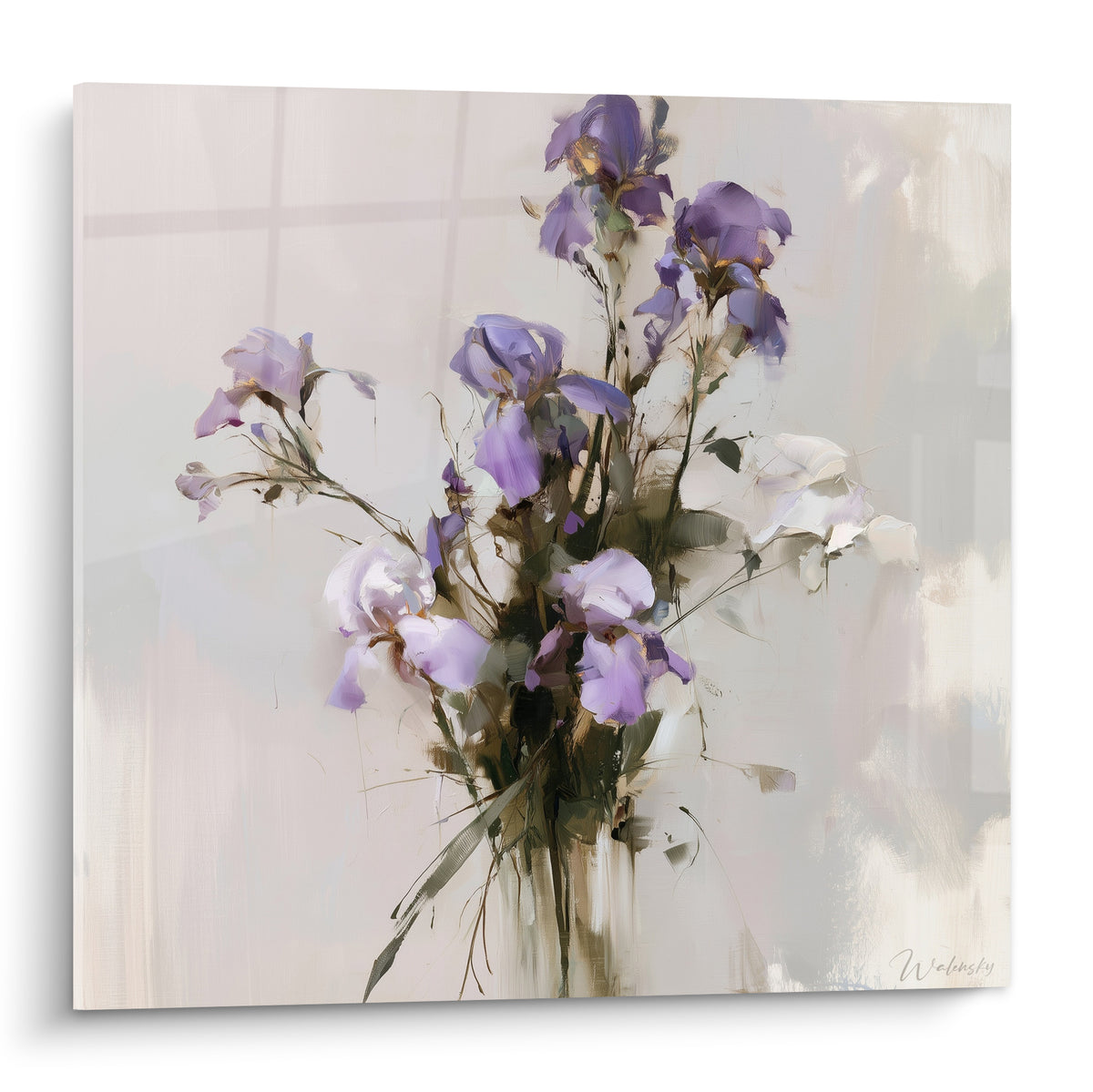 Bouquet d'iris violets et blancs peint aux tiges vert olive sur fond beige lumineux