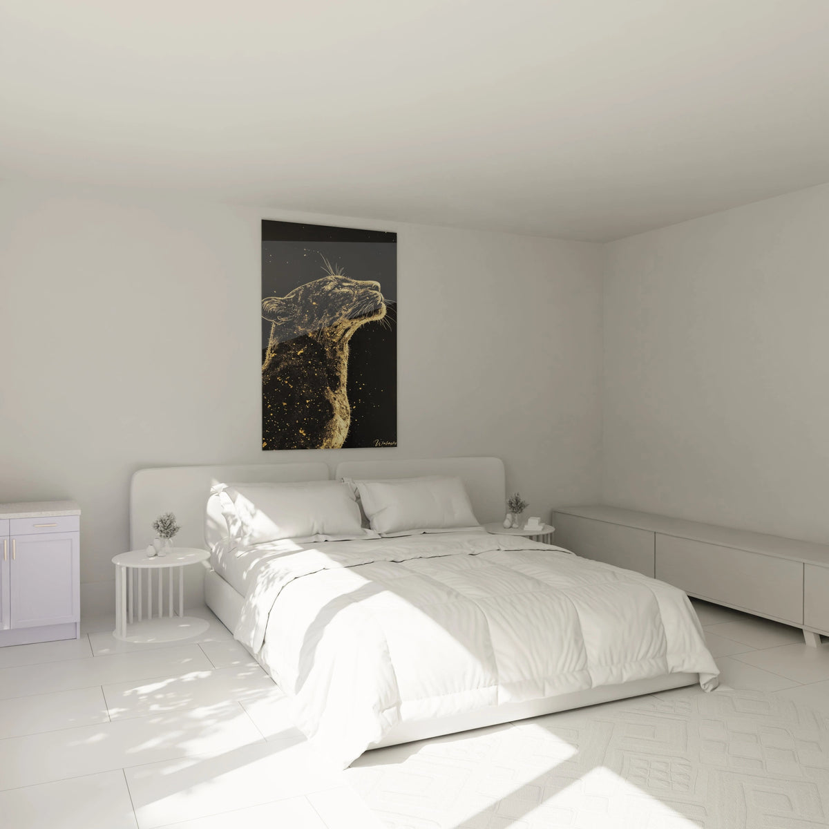 Un tableau jaguar minimaliste au style élégant montrant un félin en contemplation, réalisé entièrement en pigments dorés sur toile noire. La texture granuleuse du pelage et les fines particules dorées dispersées créent un effet cosmique autour de la silhouette majestueuse.