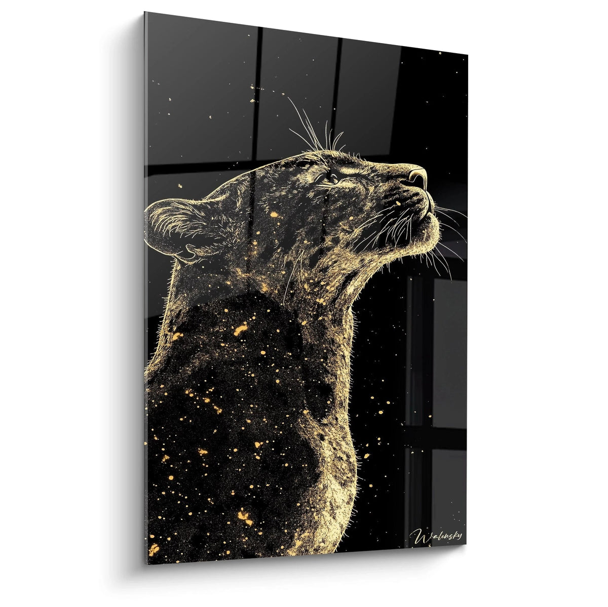 Un tableau jaguar représentant un profil de félin doré sur fond noir profond, parsemé de particules lumineuses évoquant des étoiles. Les détails des vibrisses et du pelage texturé sont rendus avec précision, créant un contraste saisissant entre l'or et le noir.