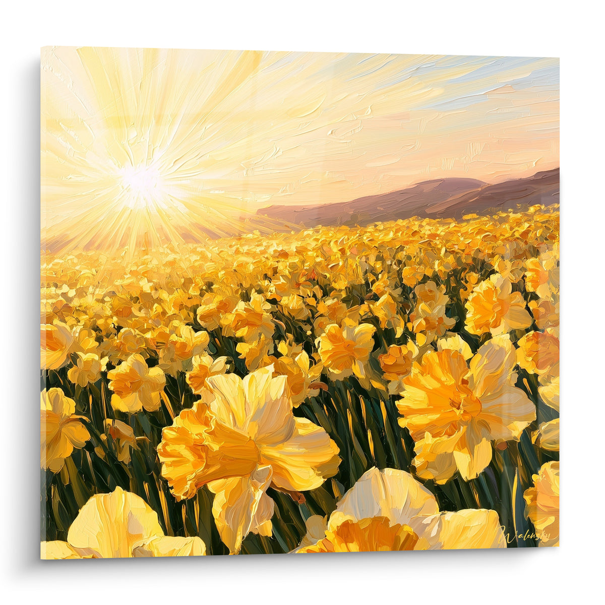 Jonquilles dorées et orangées en pleine floraison sous un soleil éclatant peint à l'huile