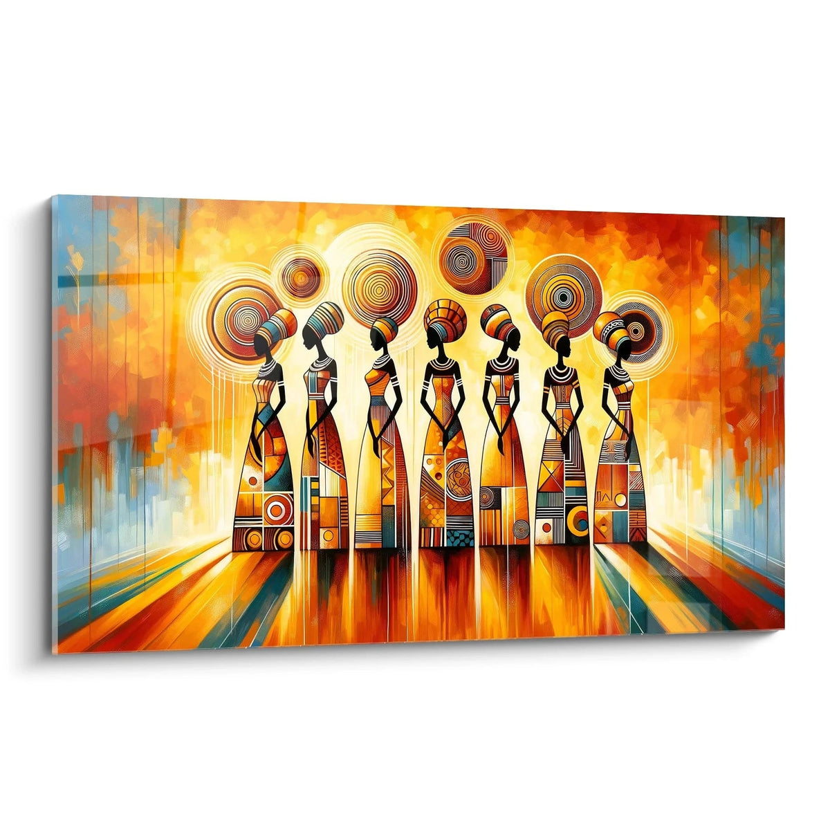 Le tableau africain vu de biais révèle une scène dynamique avec des silhouettes féminines élancées et des motifs géométriques colorés. Les cercles lumineux apportent une touche solaire et vibrante à l’œuvre.