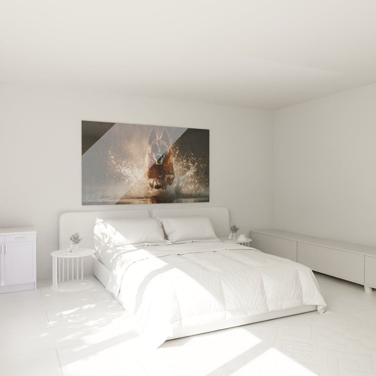 Tableau Berger Belge Malinois aquatique décorant une chambre aux tons chauds et naturels