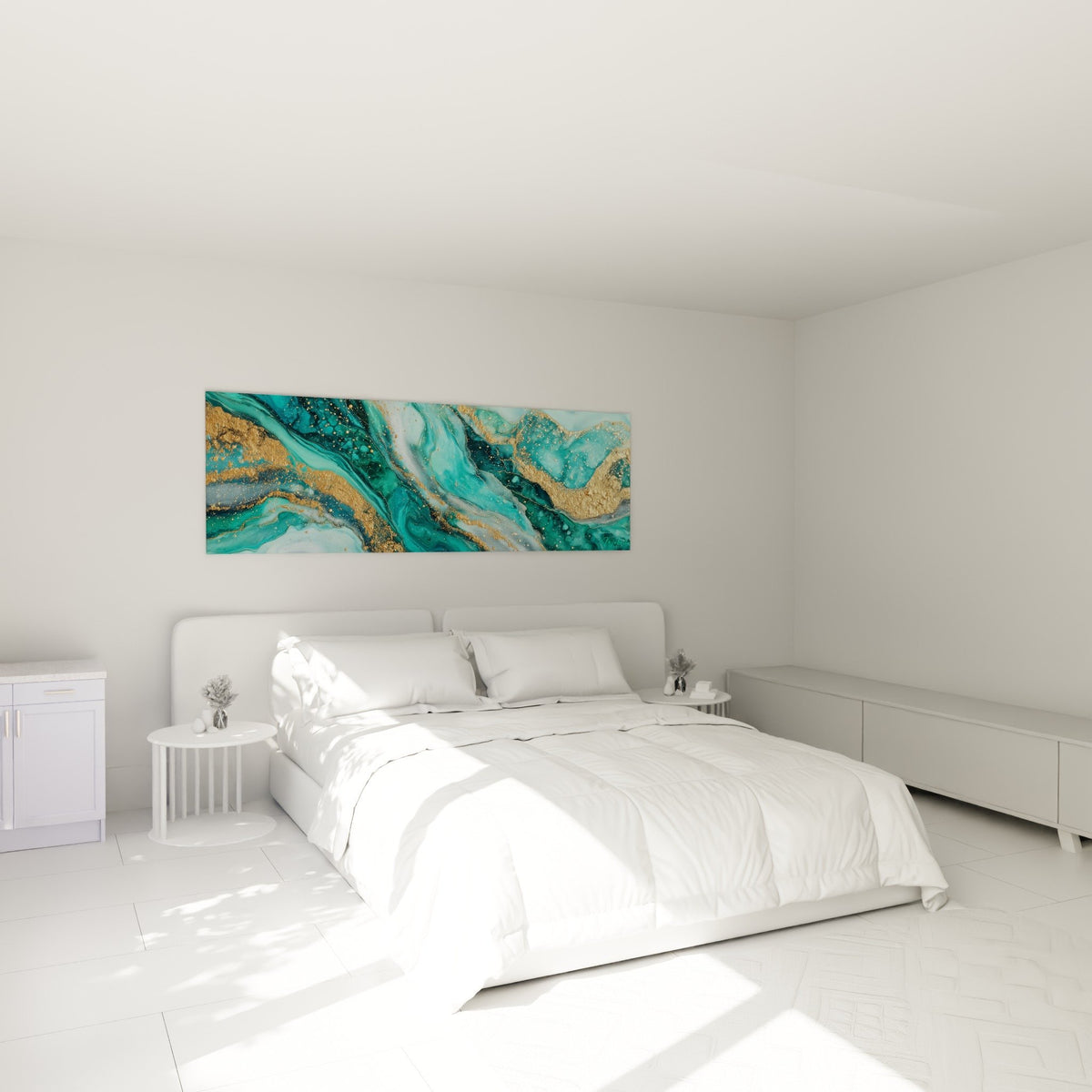 Tableau marbre abstrait turquoise or dans chambre moderne ambiance apaisante decoration murale