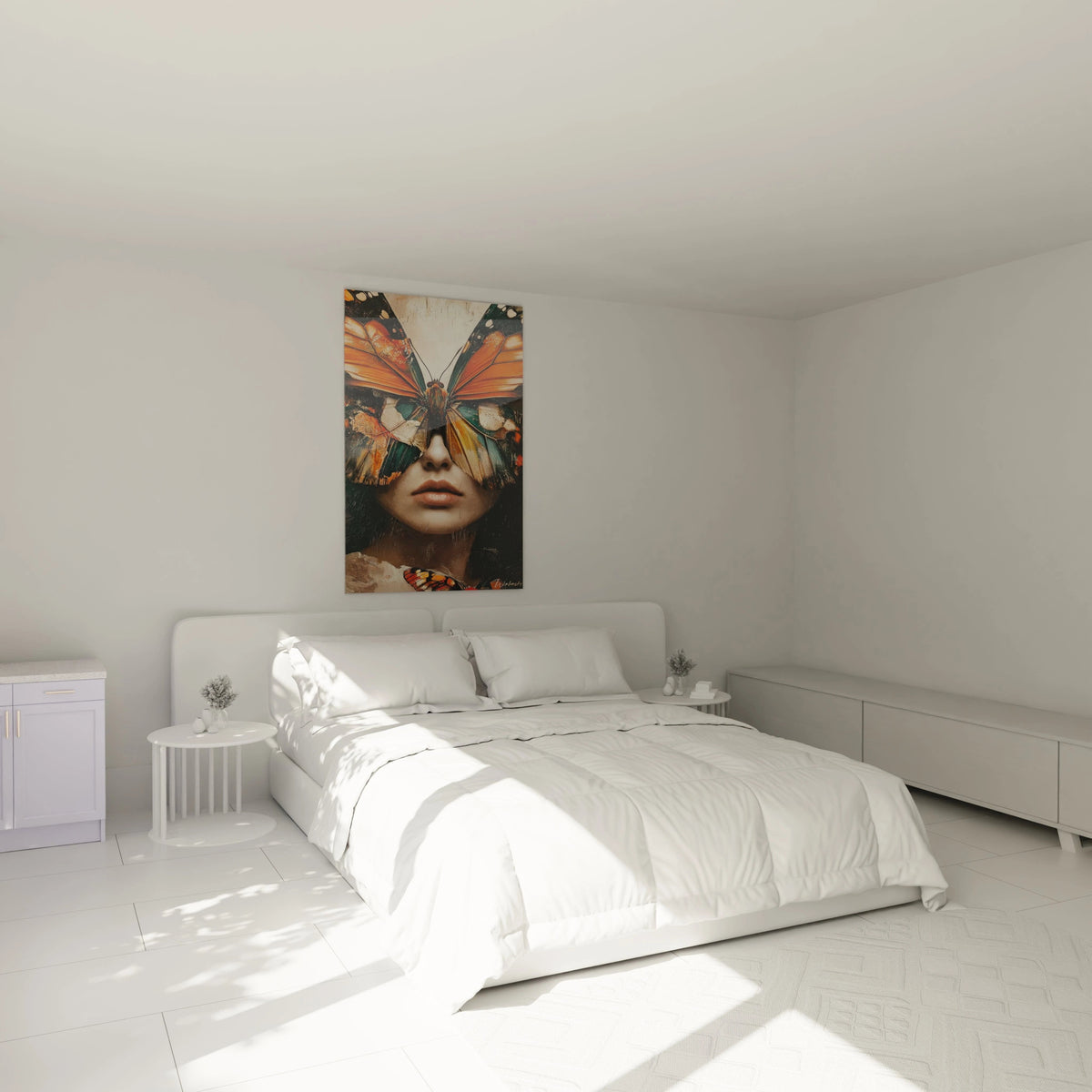 Un tableau visage métamorphose montrant un portrait féminin où des ailes de papillon orange, noires et vertes se substituent au regard, avec des textures en relief et des empâtements créant une fusion symbolique entre humain et insecte.