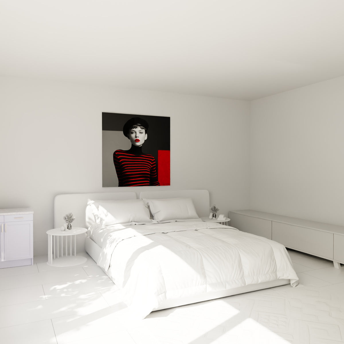 Portrait rétro d'une femme en noir et rouge, accroché au-dessus d'un lit dans une chambre claire