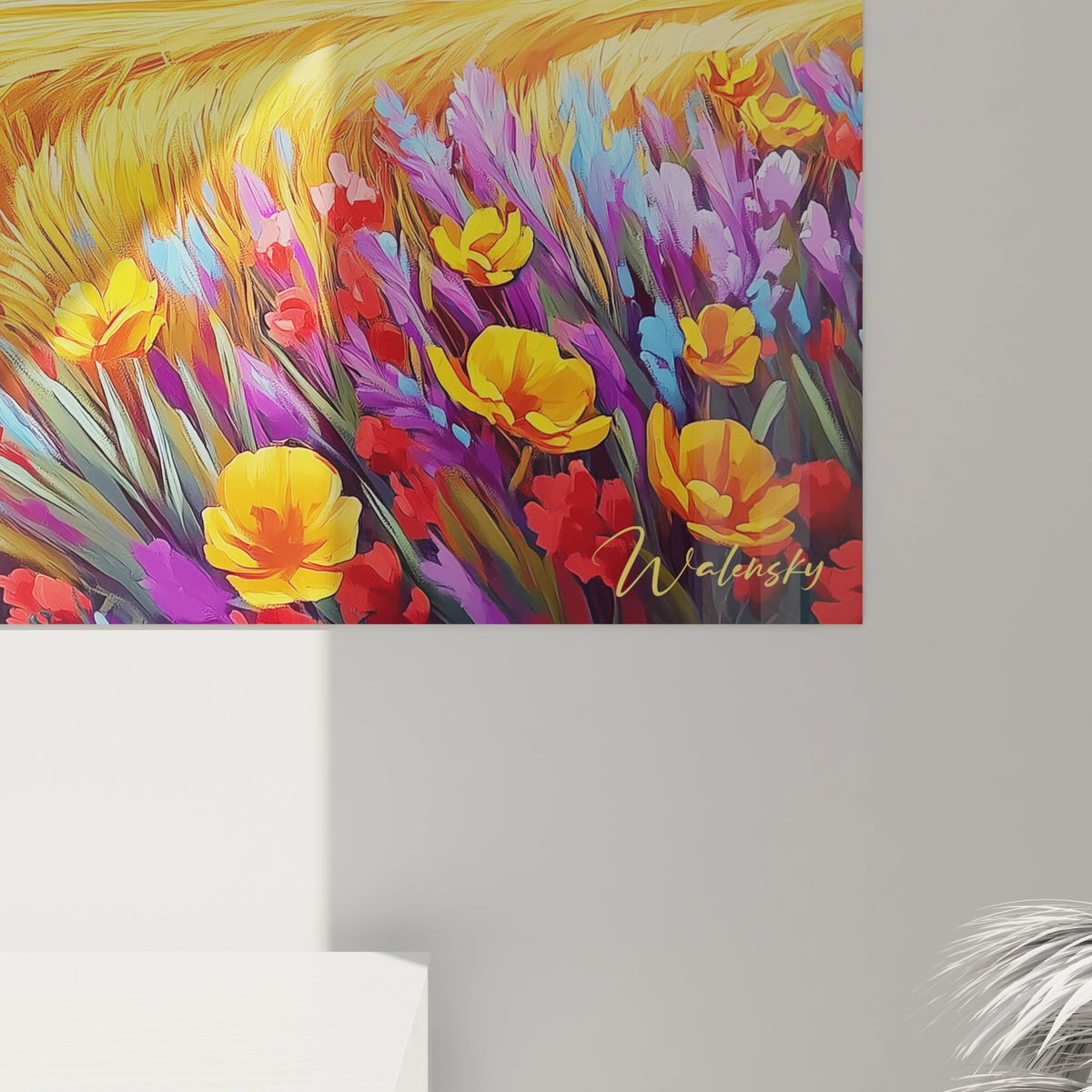 Un tableau rural présentant une vaste étendue dorée de blé mûr sous un ciel d'été vibrant, avec une frange de fleurs sauvages violettes, rouges et jaunes au premier plan, créant un contraste saisissant de textures et de couleurs.