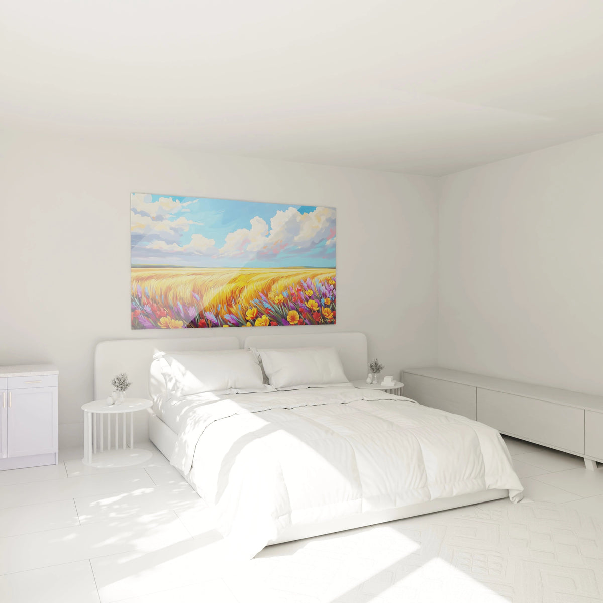 Un tableau champêtre alliant un champ de céréales dorées et un ciel azur lumineux, avec une bordure inférieure de fleurs multicolores créant un contraste vif et des textures variées entre les épis ondulants et les pétales délicats.