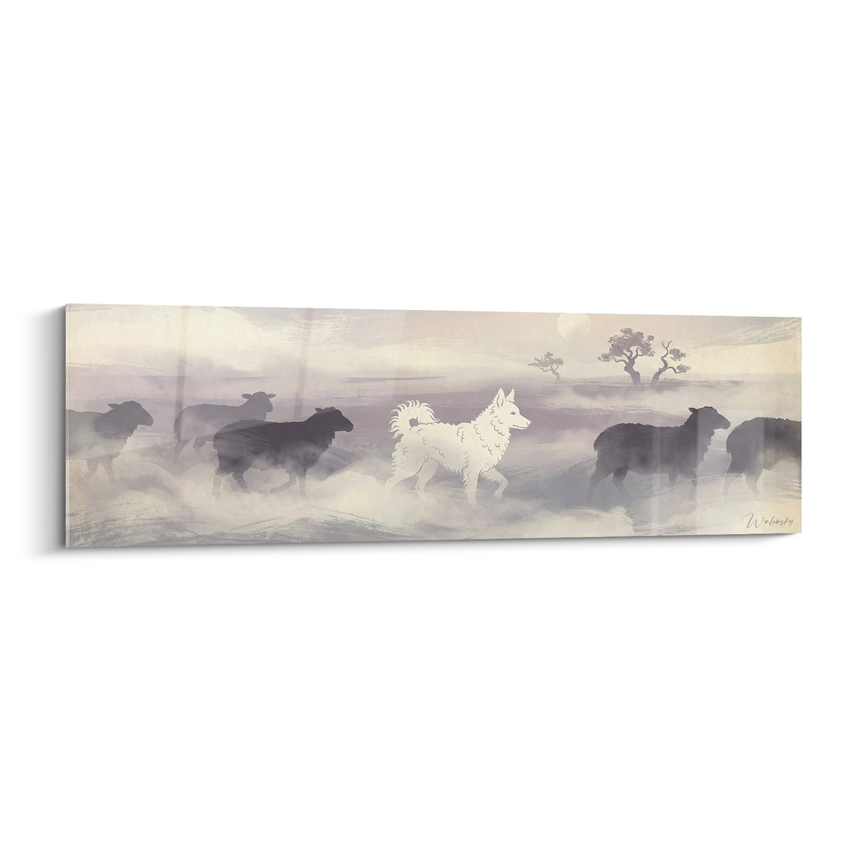 Tableau panoramique Mudi blanc courant dans troupeau silhouettes sombres ambiance brumeuse tons beiges Edition Mudi