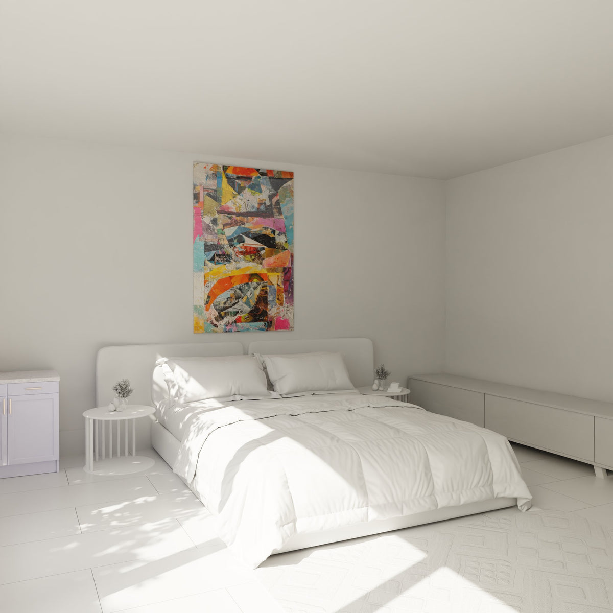 Ambiance chambre avec tableau collage abstrait géométrique coloré accroché au mur design contemporain