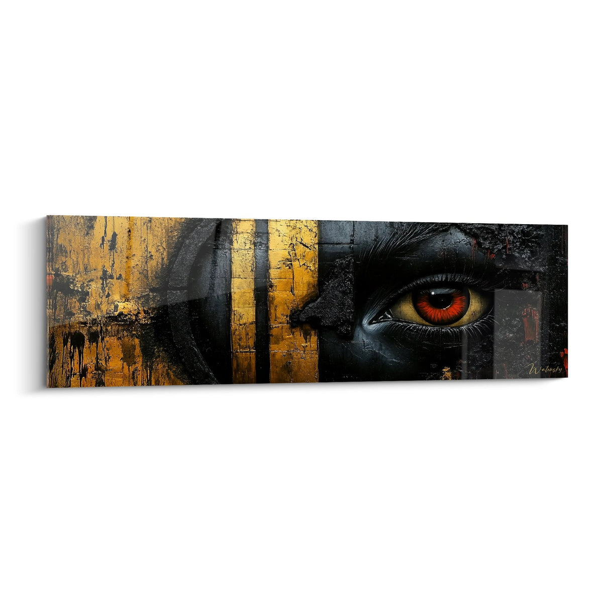 Tableau mural œil mystique moderne abstrait aux tons dorés et noirs, regard perçant sur toile panoramique