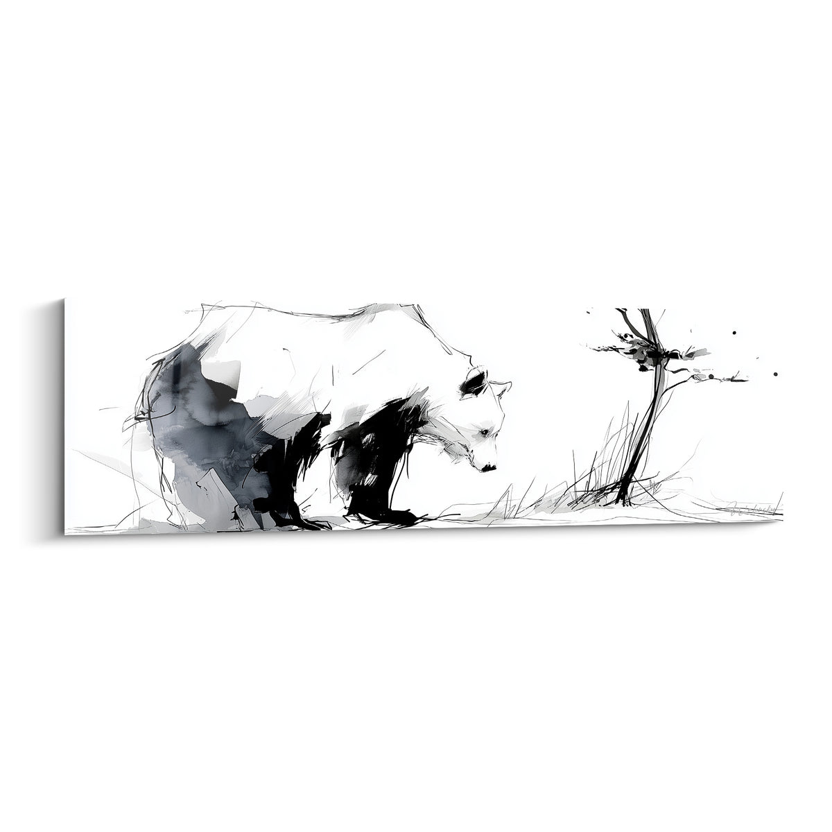 Ours brun tracé à l'encre noire et grise, avançant seul vers un arbre esquissé sur fond blanc
