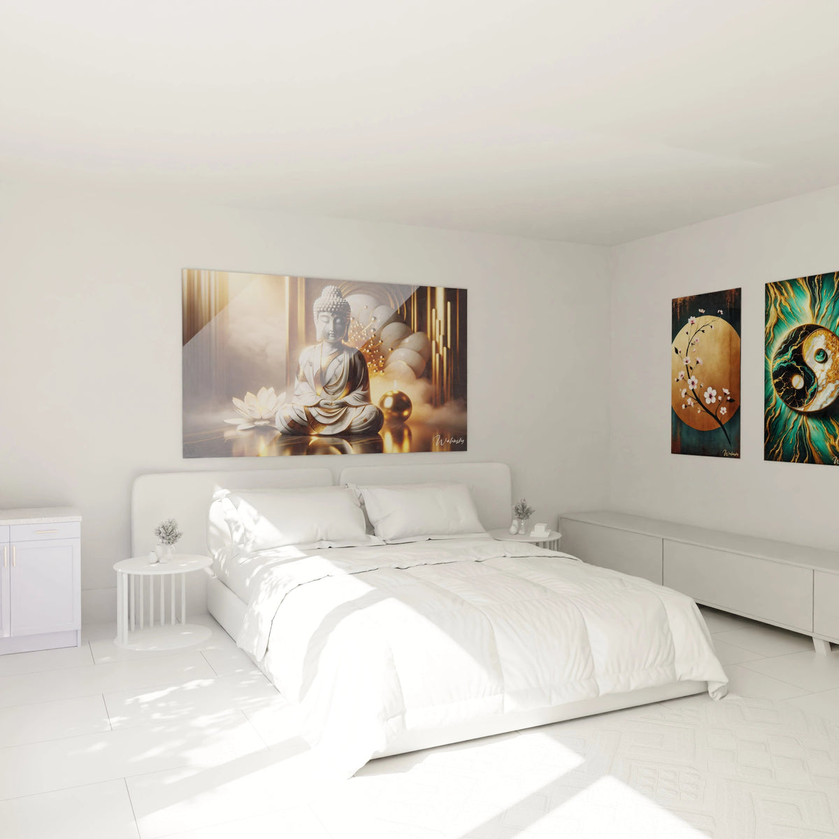 Tableau en verre acrylique zen et méditation, accroché au-dessus d'un lit dans une chambre paisible, créant une ambiance de sérénité et de détente."