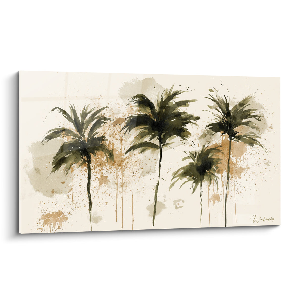 Palmiers vert olive et coulures ocre peints sur fond ivoire, style aquarelle spontanée