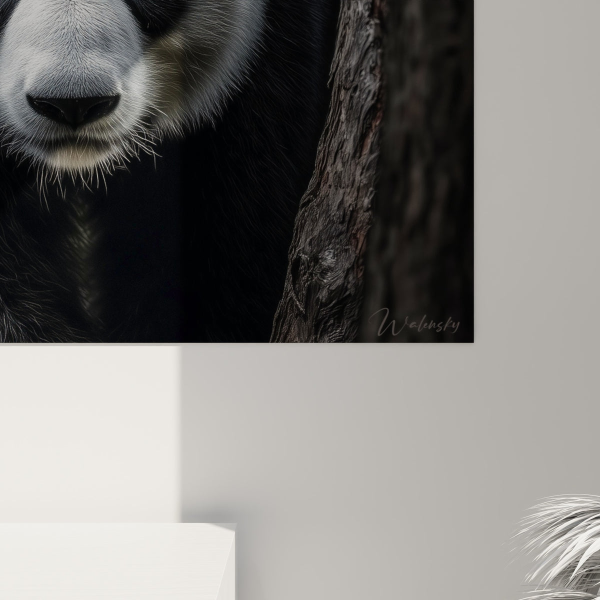 Détail du pelage du panda montrant grain fin, empâtements blancs et noirs profonds, texture réaliste de l'impression